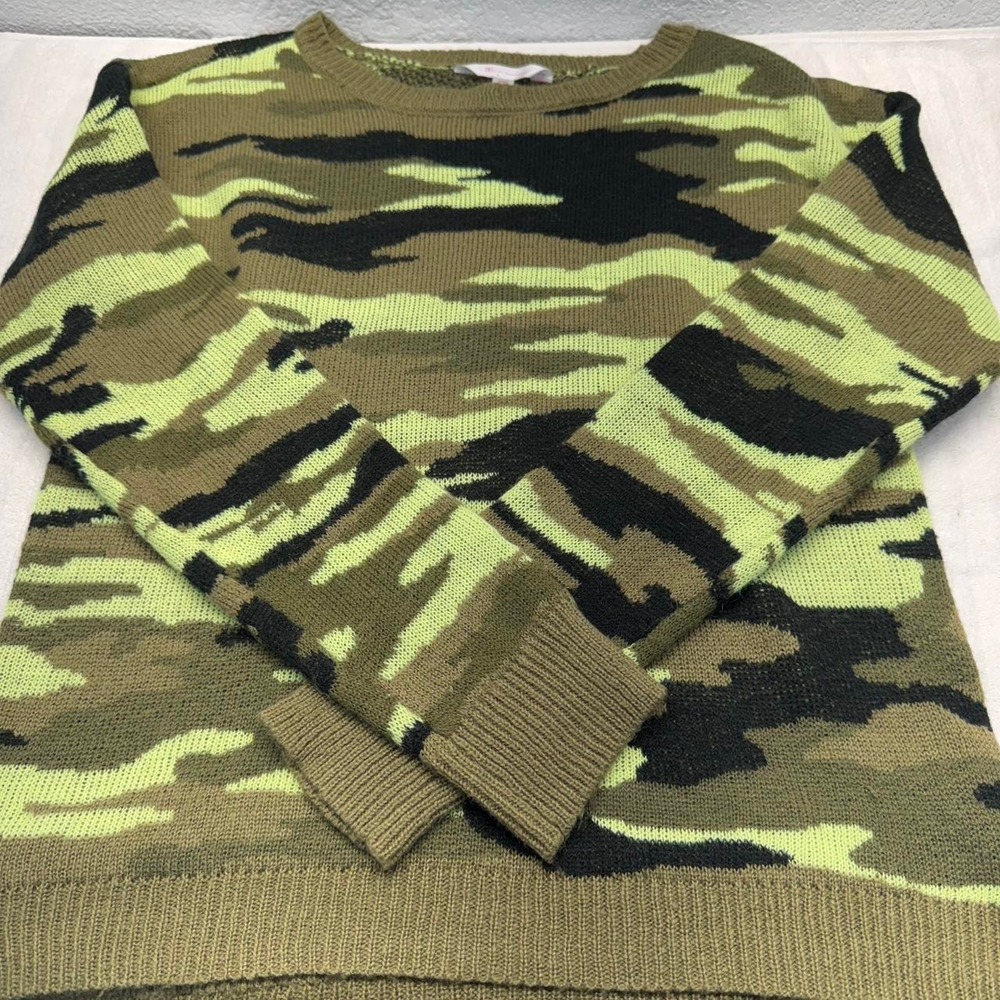 No Boundaries Womens Camo Knit Sweater Green Neon Y2K Streetwear Large L 11-13
